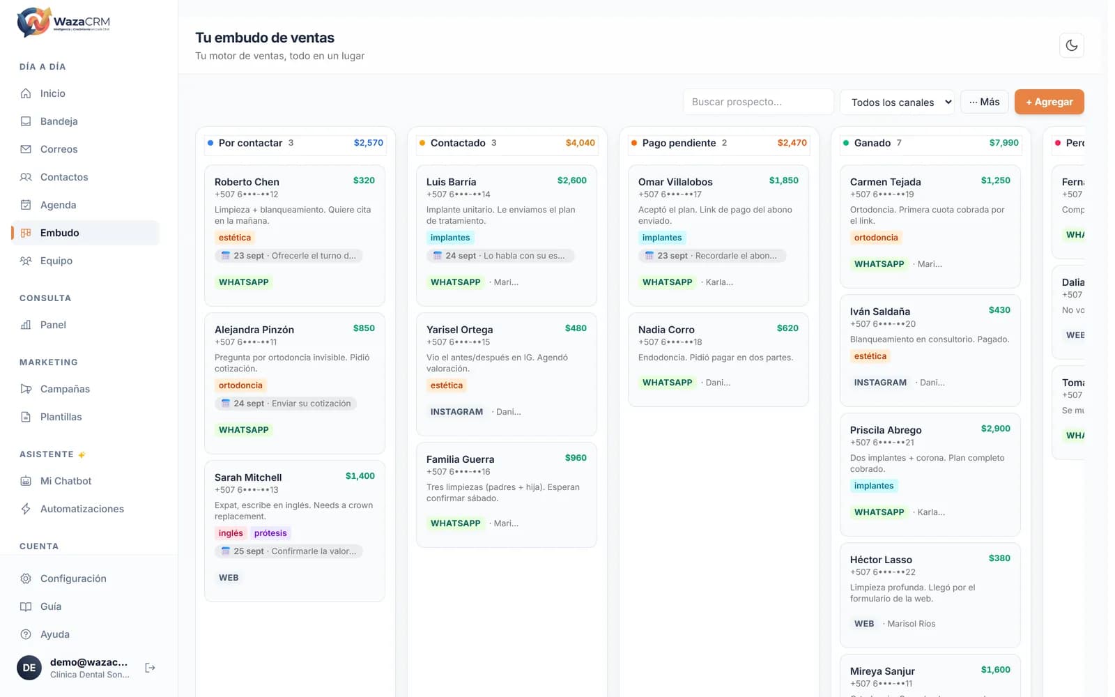 El tablero Kanban real de WazaCRM: columnas Por contactar, Contactado, Pago pendiente, Ganado y Perdido, cada una con sus tarjetas de oportunidad y su valor