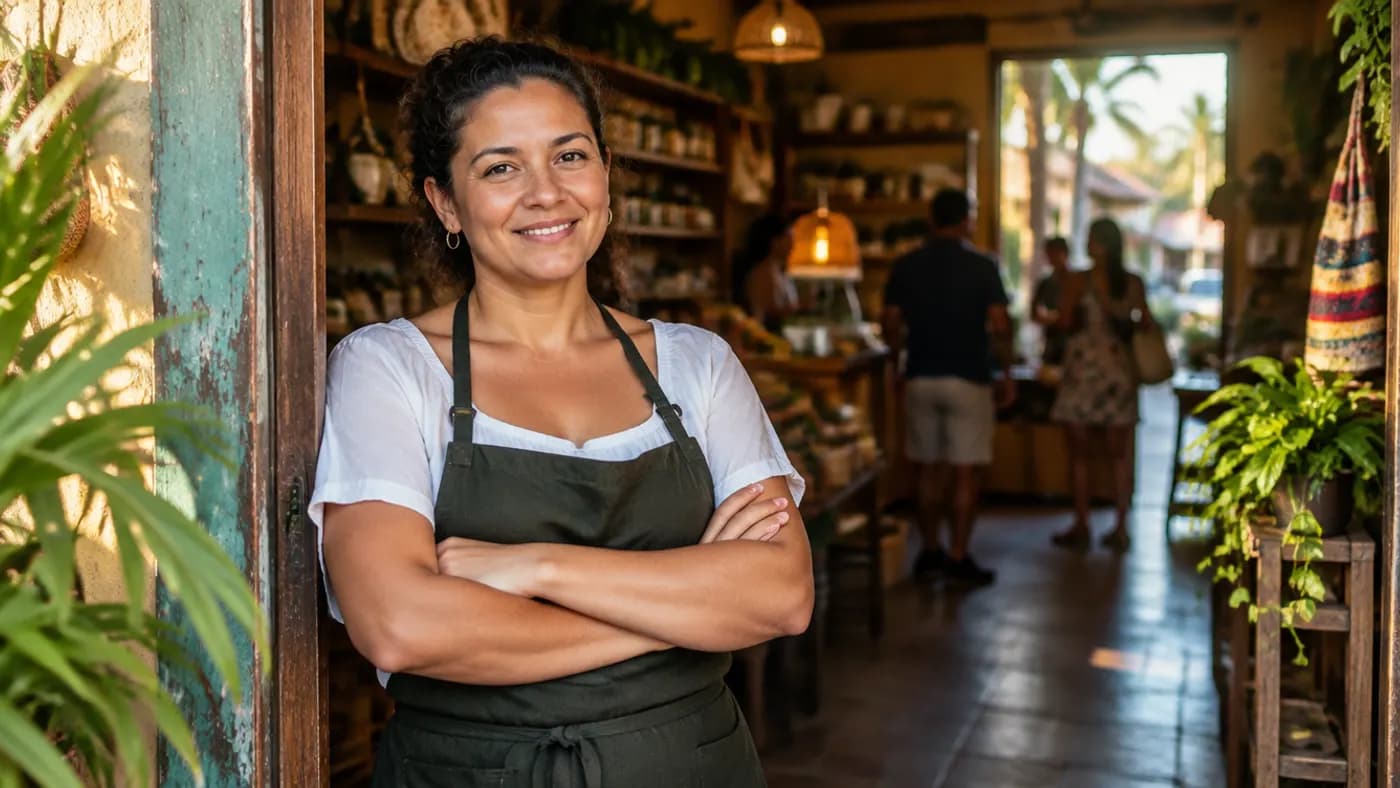 Dueña de un negocio panameño en la puerta de su local, con clientes atendidos al fondo