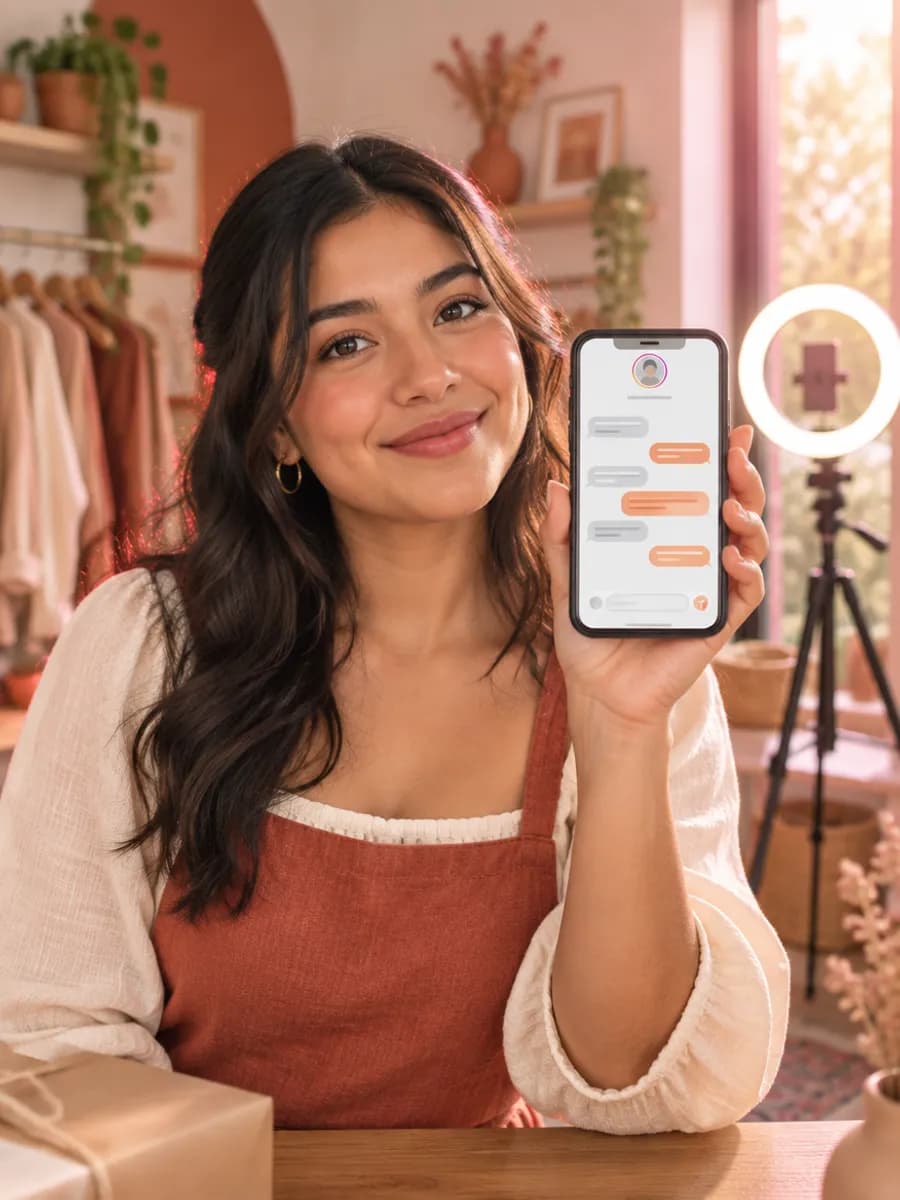 Dueña de una boutique panameña con su teléfono en la mano, en la trastienda de su local