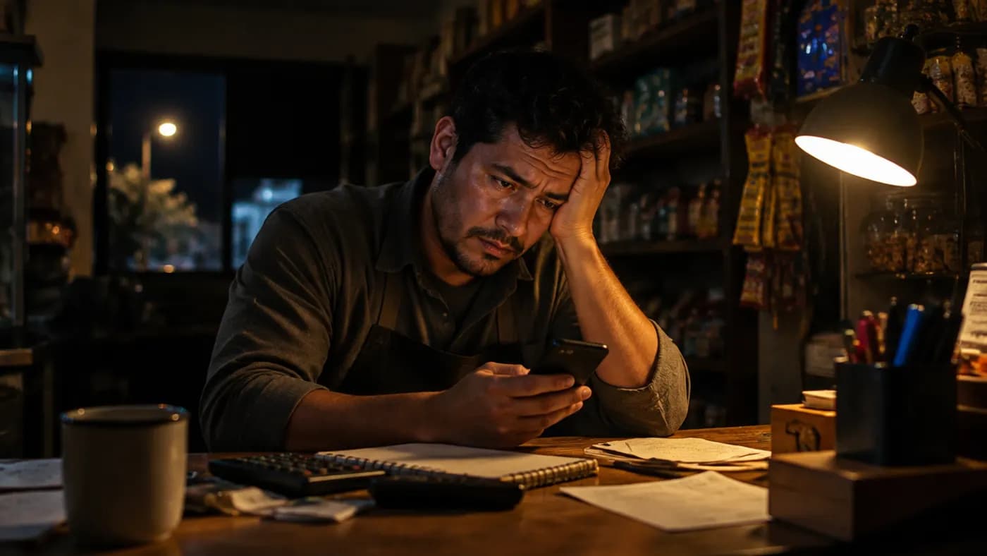 Dueño de un negocio respondiendo mensajes de WhatsApp de noche, solo y con el celular en la mano
