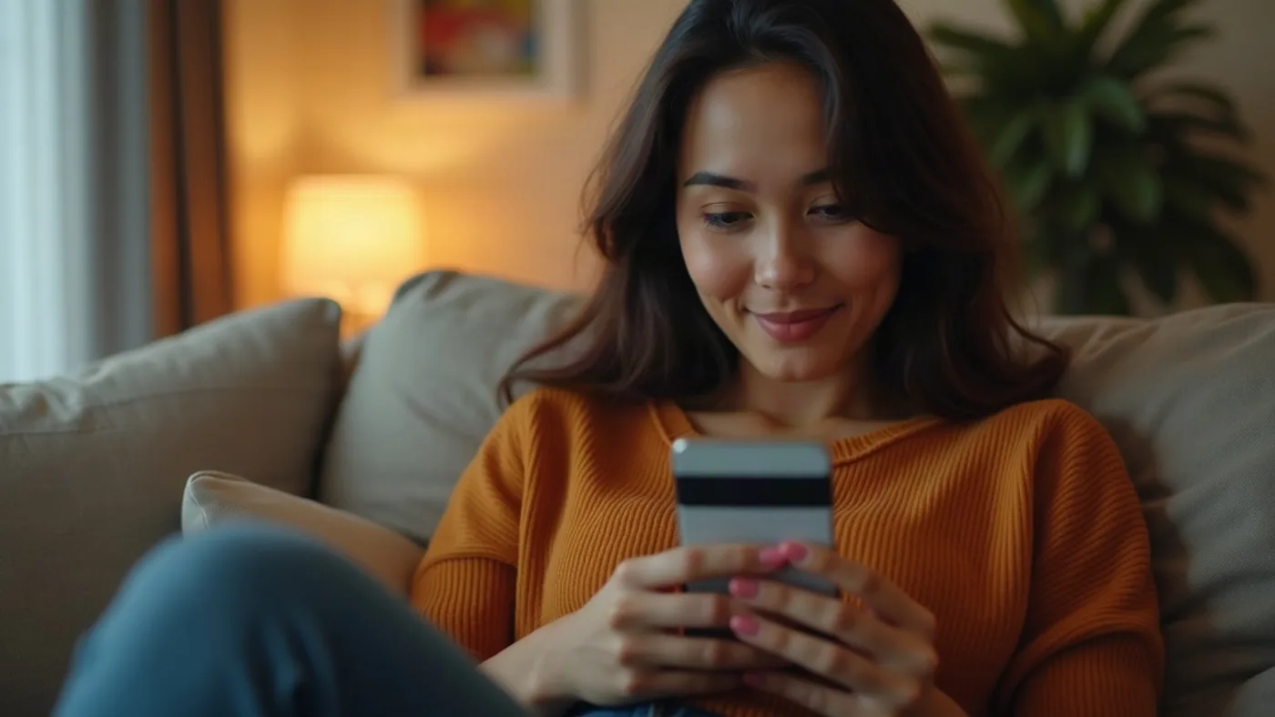 Mujer joven con una tarjeta bancaria en la mano haciendo un pago en línea desde su celular