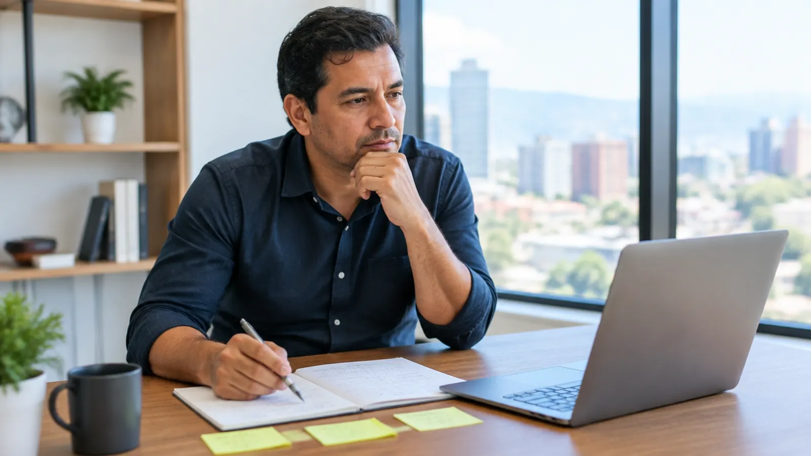 Empresario comparando opciones de software en su escritorio antes de tomar una decisión de compra