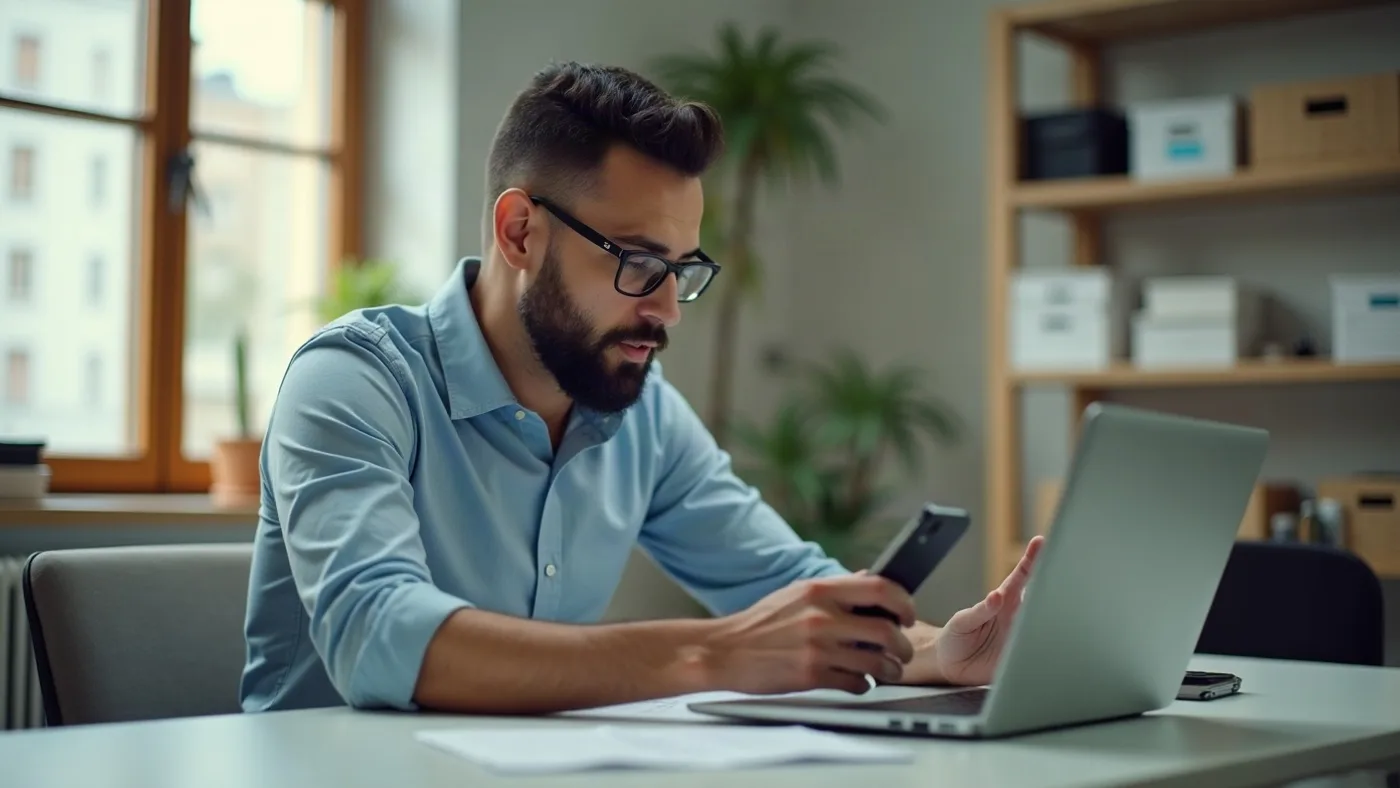 Vendedor dando seguimiento a clientes desde una laptop y un teléfono