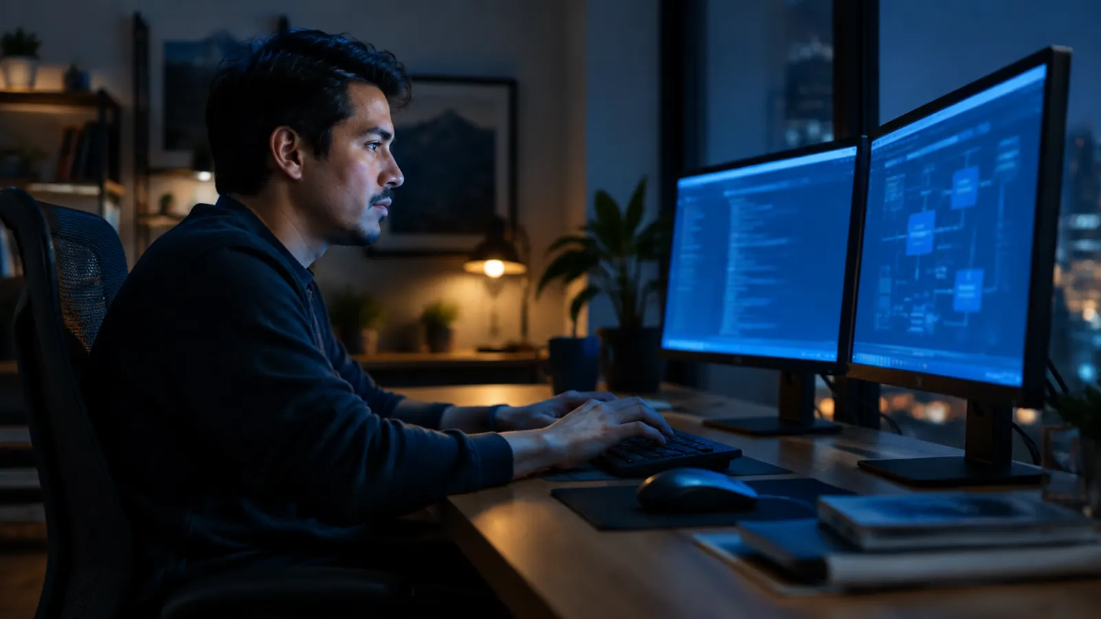 Profesional trabajando de noche frente a dos pantallas, conectando su sistema de ventas con un asistente de inteligencia artificial