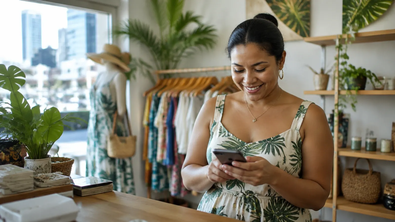 Dueña de una boutique en Ciudad de Panamá atendiendo a sus clientes por WhatsApp desde el mostrador