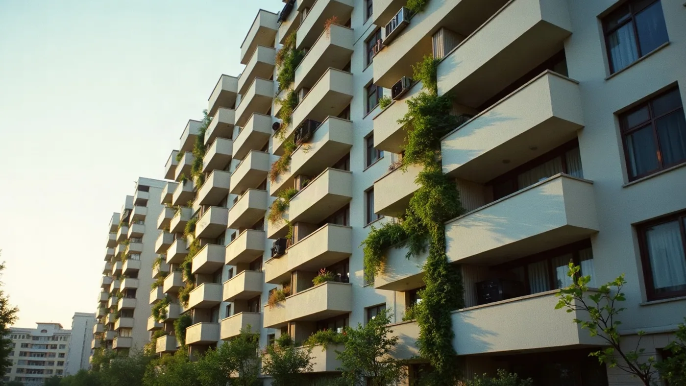 Fachada de un edificio residencial moderno con balcones, tipo de propiedad en cartera