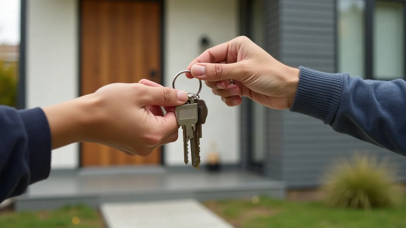 Persona sosteniendo las llaves de una vivienda frente a la entrada tras cerrar un trato