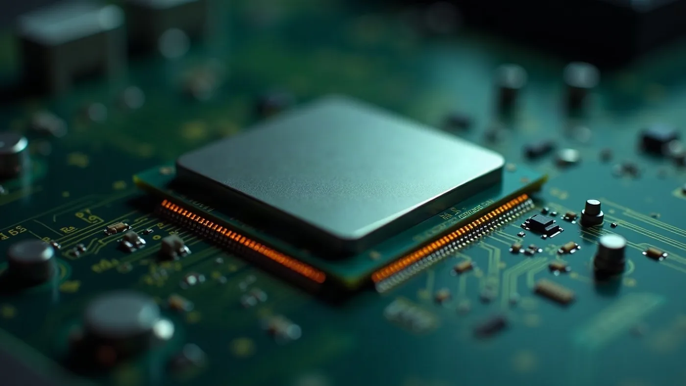 Chip de computadora moderno sobre una placa electrónica, representando la inteligencia artificial