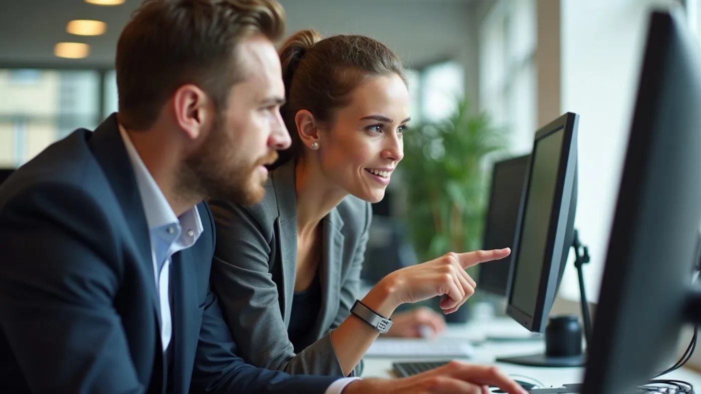 Equipo de trabajo revisando conversaciones en una pantalla dentro de una oficina
