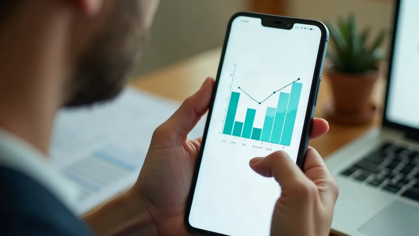 Persona revisando métricas y estadísticas de ventas en la pantalla de un celular