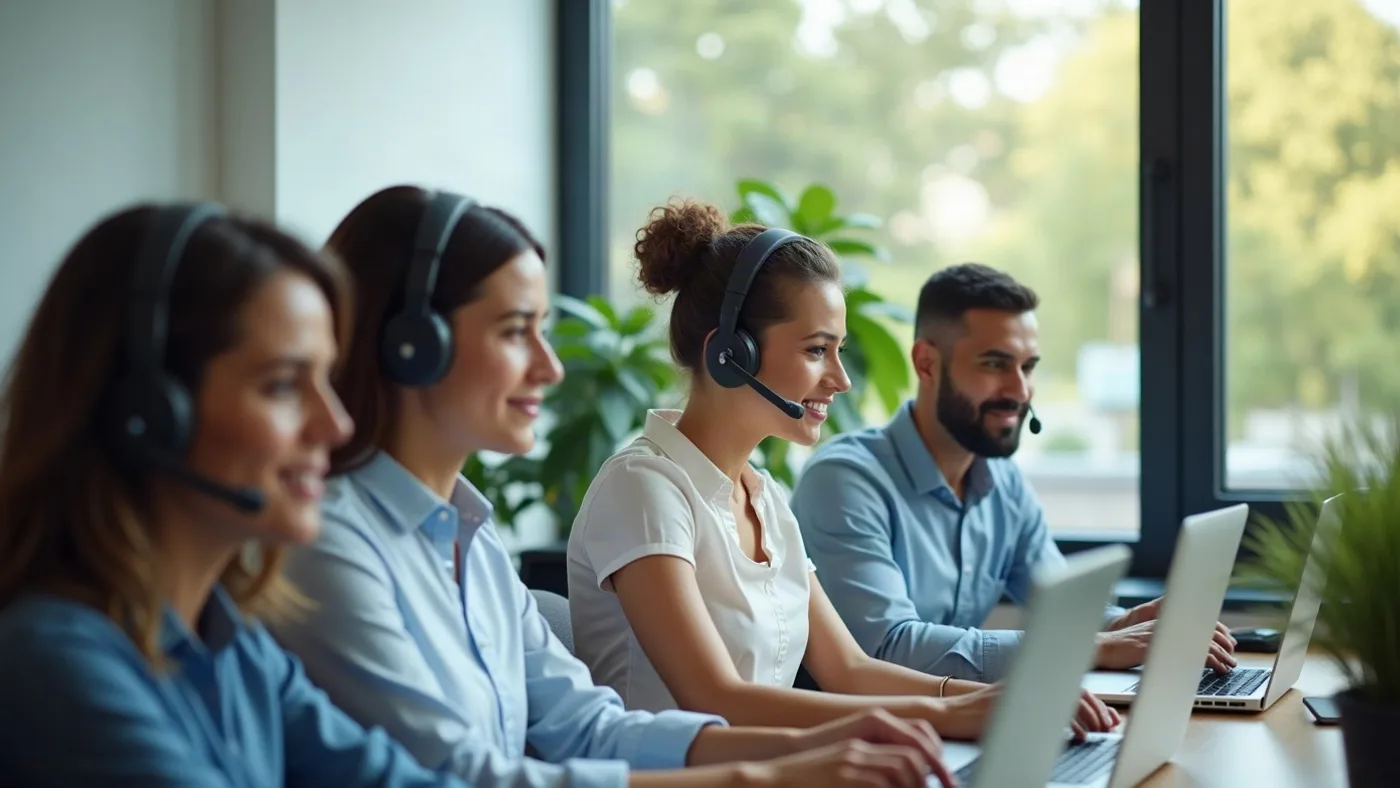 Equipo de trabajo atendiendo clientes desde varias laptops en una misma oficina