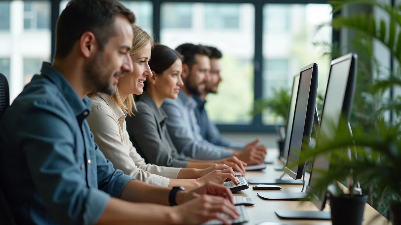 Equipo de ventas atendiendo clientes desde varias computadoras