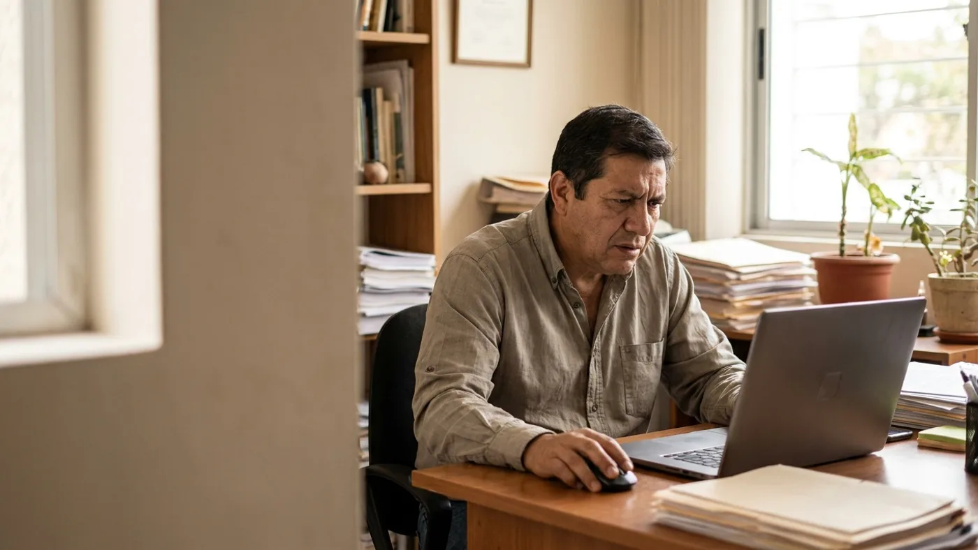 Dueño de un negocio revisando en su computadora la conversación que su asistente tuvo con un cliente