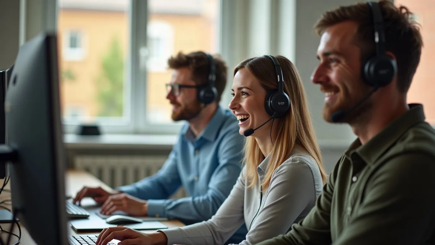 Equipo de atención al cliente trabajando en computadoras