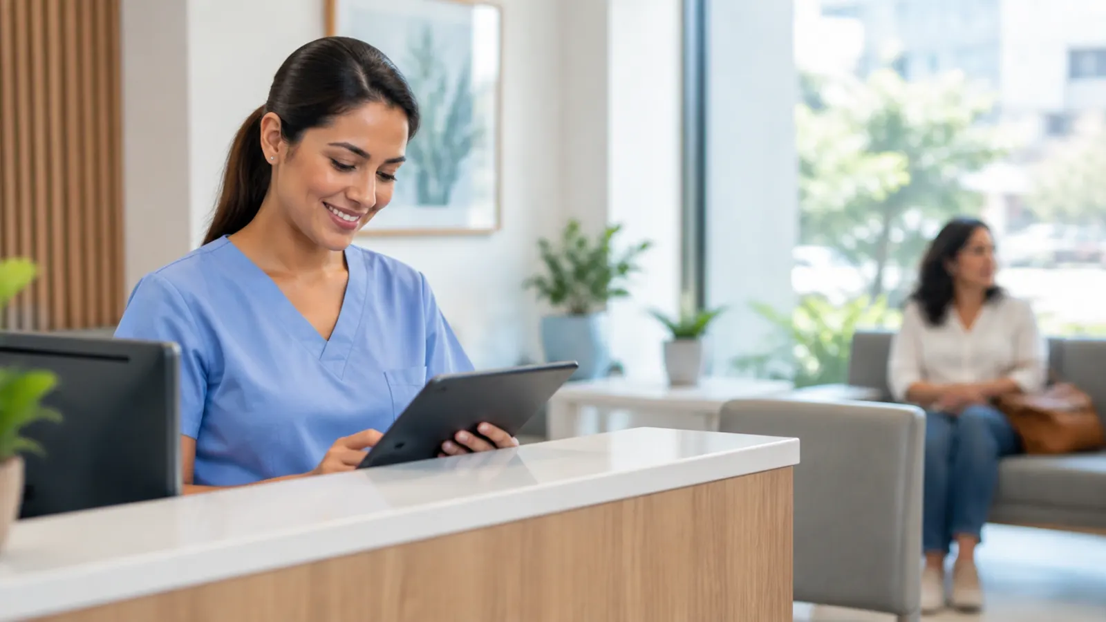 Recepción de una clínica moderna donde se gestionan las citas de los pacientes desde una tablet
