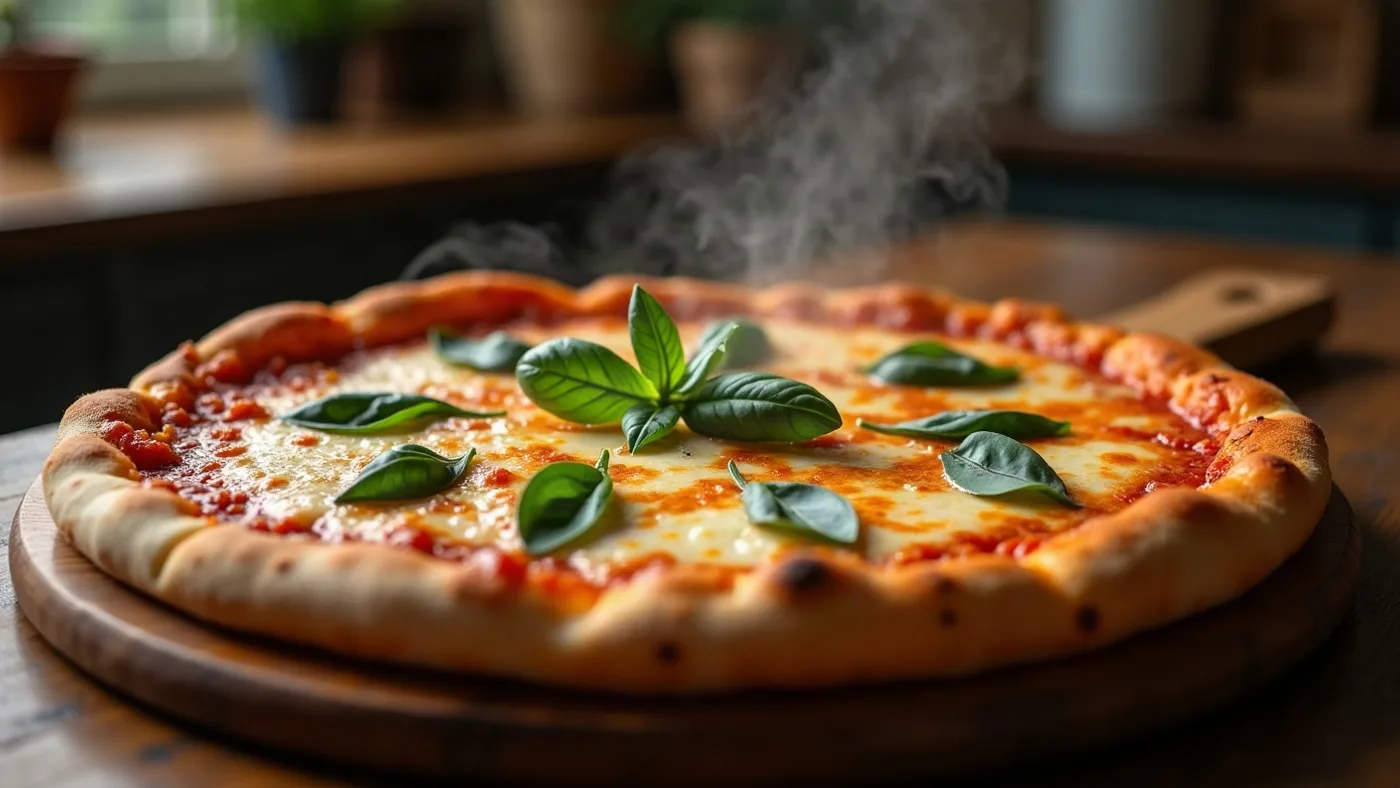 Pizza recién hecha sobre una tabla de madera, ejemplo de plato del menú