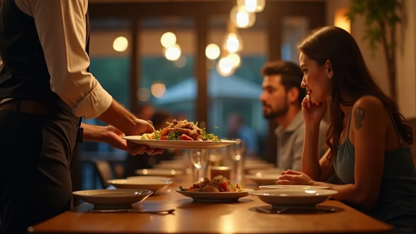 Mesero sirviendo un plato a una pareja en un restaurante