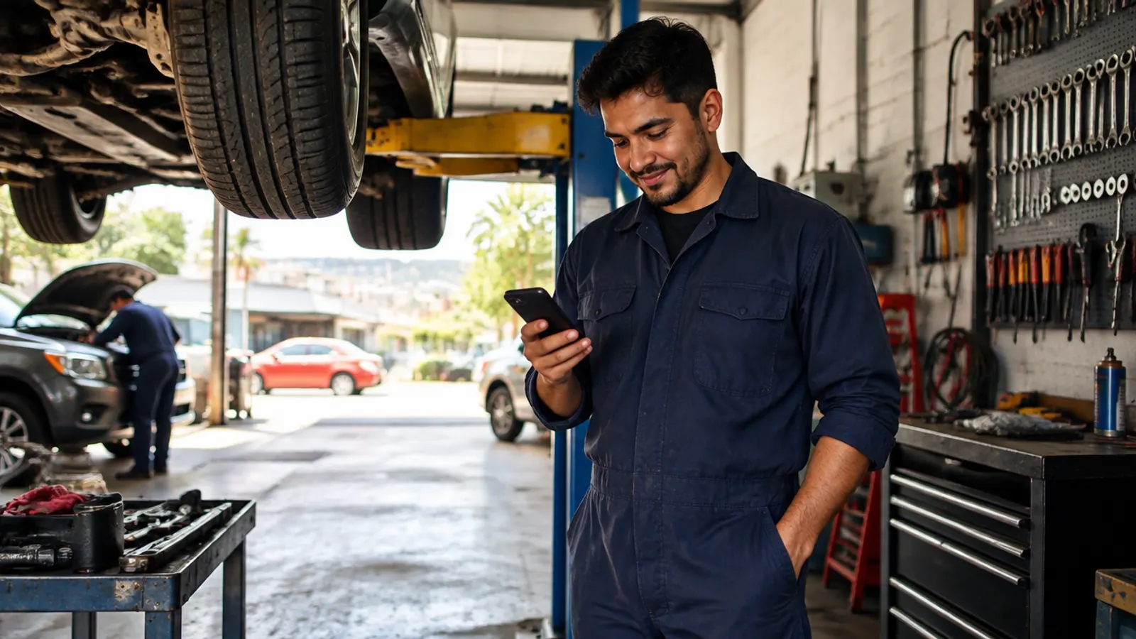 Mecánico en su taller revisando el WhatsApp del negocio junto a un vehículo en el elevador